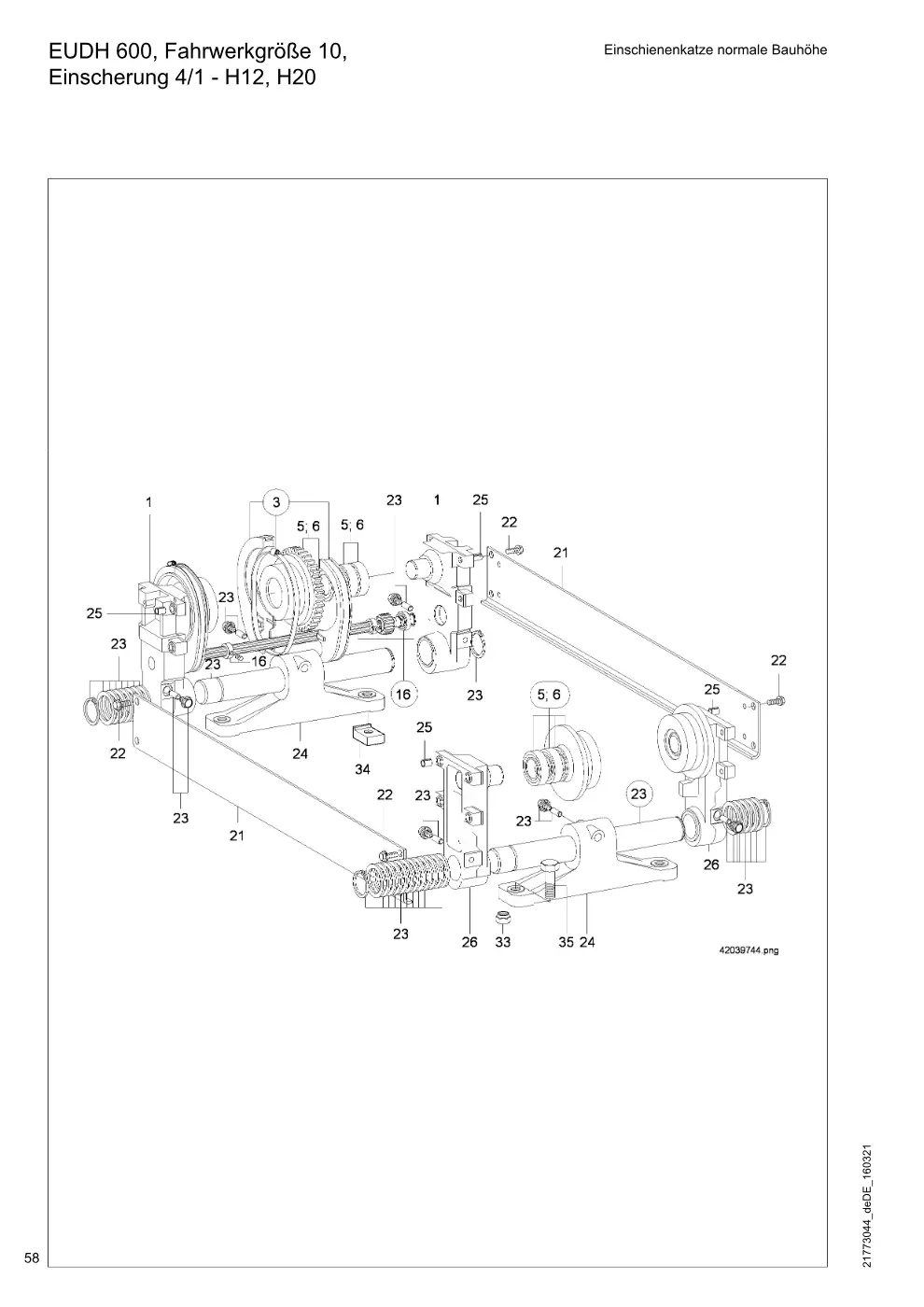 Demag DH 600 – EUDH 600, Fahrwerkgröße 10, Einschienenkatze normale Bauhöhe Einscherung 4/1 - H12, H20, Zeichnung Seite 58
