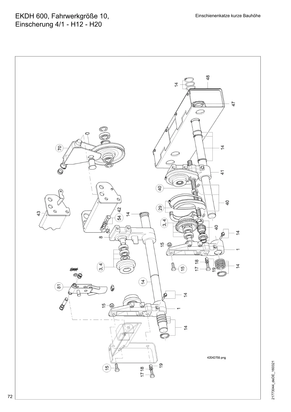 Demag DH 600 – EKDH 600, Fahrwerkgröße 10, Einschienenkatze kurze Bauhöhe Einscherung 4/1 - H12 - H20, Zeichnung Seite 72