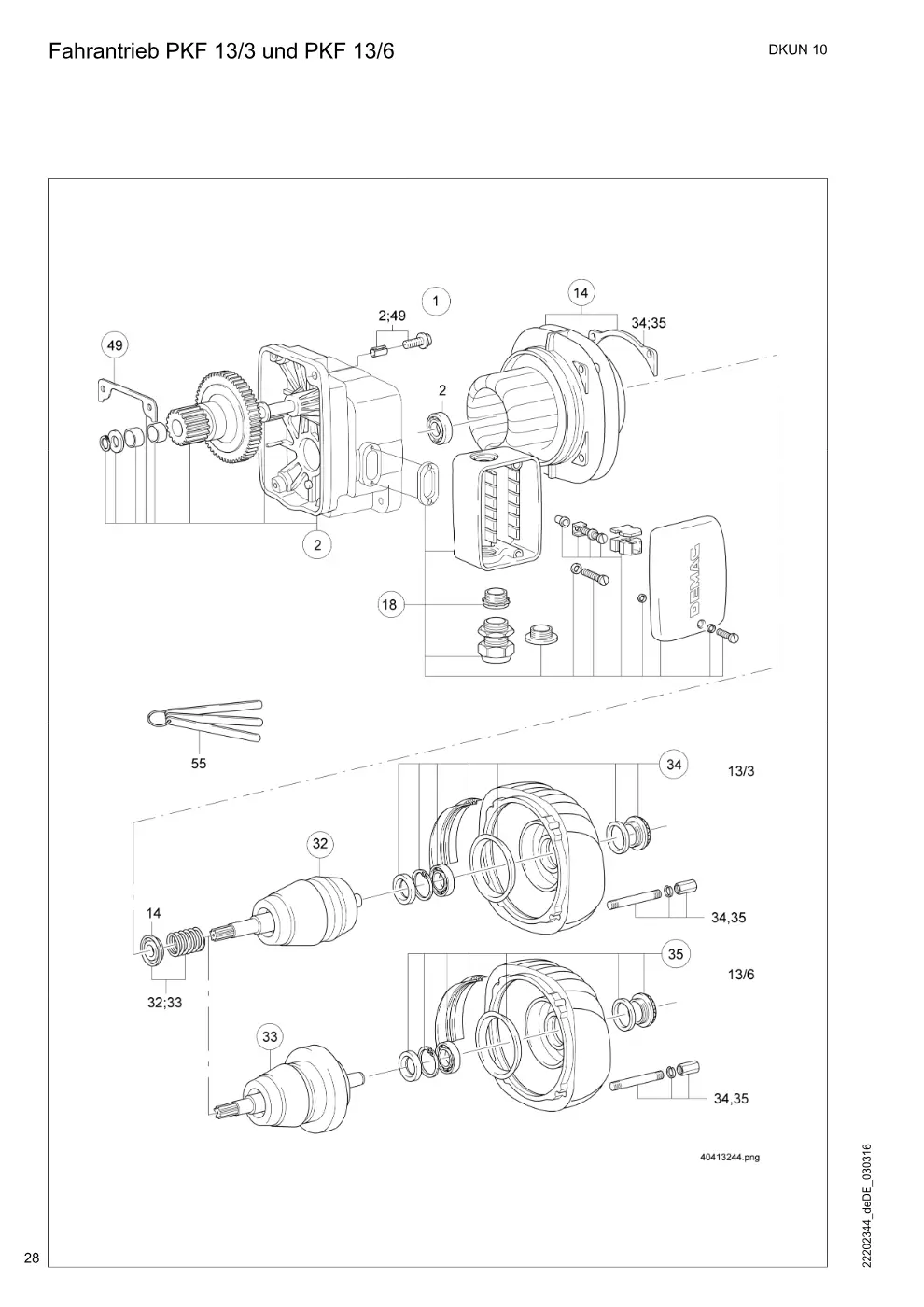Demag PK 5 – Fahrantrieb PKF 13/3 und PKF 13/6, Zeichnung Seite 28
