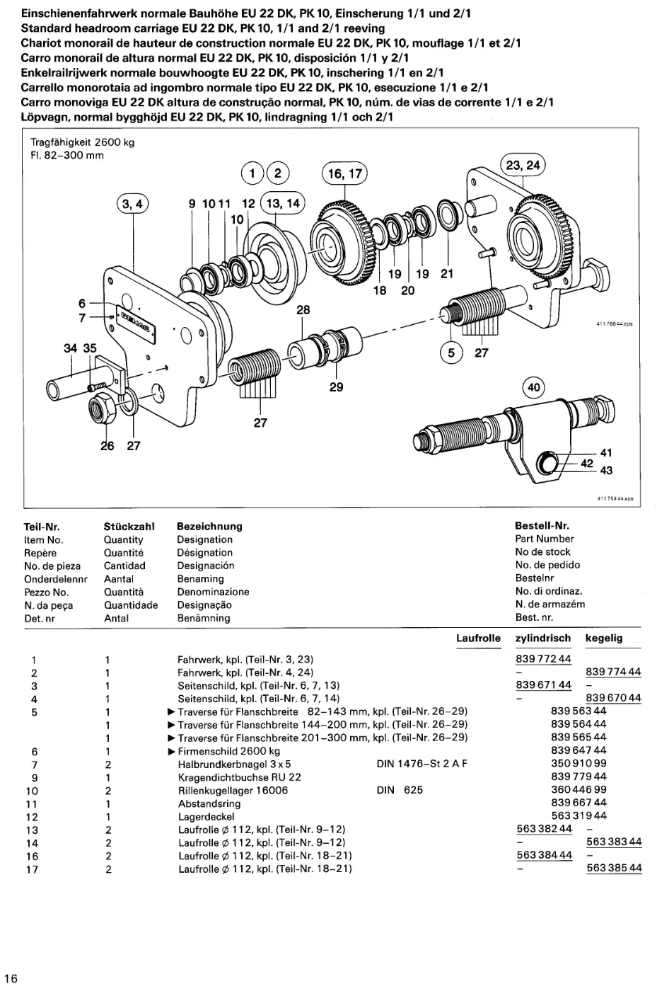 Demag PK 10 – Einschienenfahrwerk normale Bauhöhe EU 22 DK, PK 10, Einscherung 1/1 und 2/1, Zeichnung Seite 18