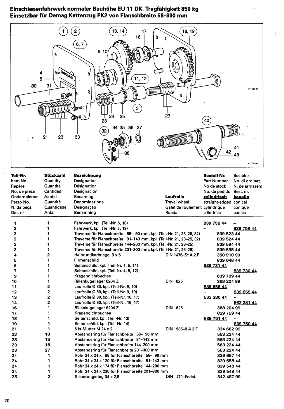 Demag PK 2 – Einschienenfahrwerk normaler Bauhöhe EU 11 DK. Tragfähigkeit 850 kg, Zeichnung Seite 22
