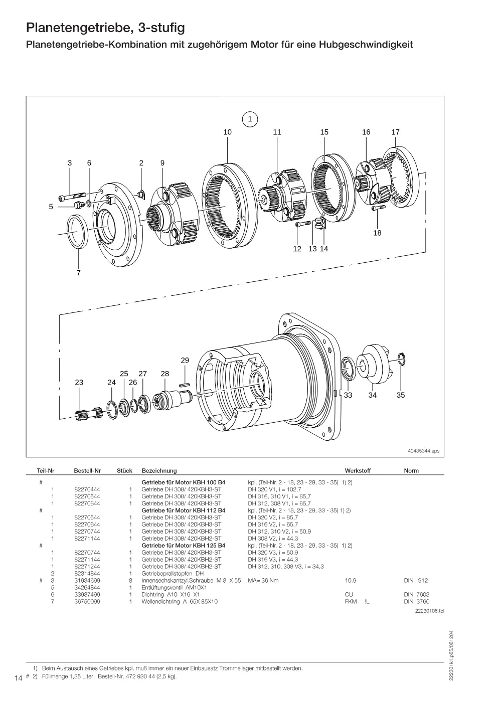 Demag DH 300 – Planetengetriebe, 3-stufig Planetengetriebe-Kombination mit zugehörigem Motor für eine Hubgeschwindigkeit, Zeichnung Seite 14