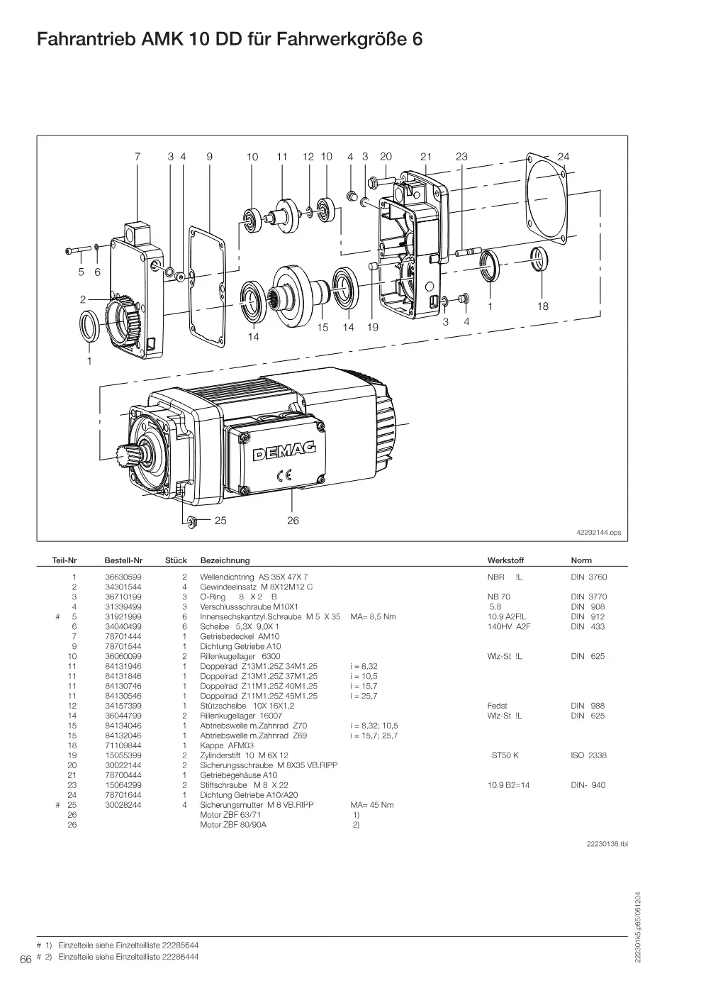 Demag DH 300 – Fahrantrieb AMK 10 DD für Fahrwerkgröße 6, Zeichnung Seite 67