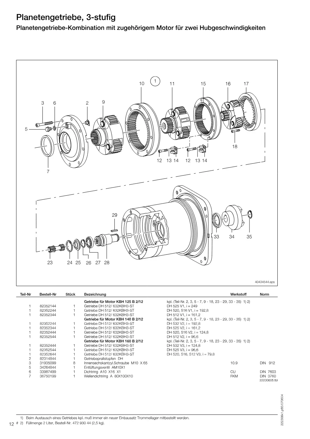 Demag DH 500 – Planetengetriebe, 3-stufig Planetengetriebe-Kombination mit zugehörigem Motor für zwei Hubgeschwindigkeiten, Zeichnung Seite 12