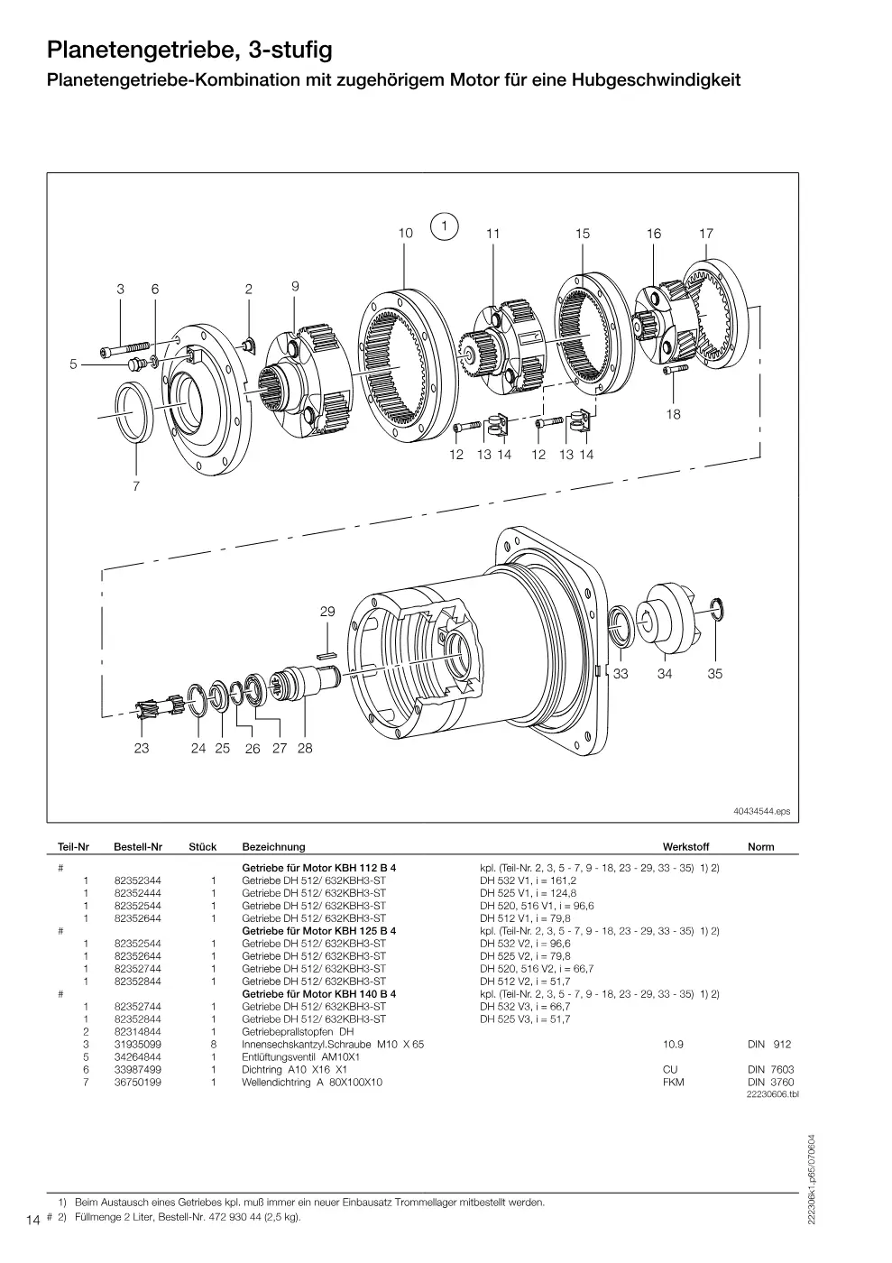 Demag DH 500 – Planetengetriebe, 3-stufig Planetengetriebe-Kombination mit zugehörigem Motor für eine Hubgeschwindigkeit, Zeichnung Seite 14