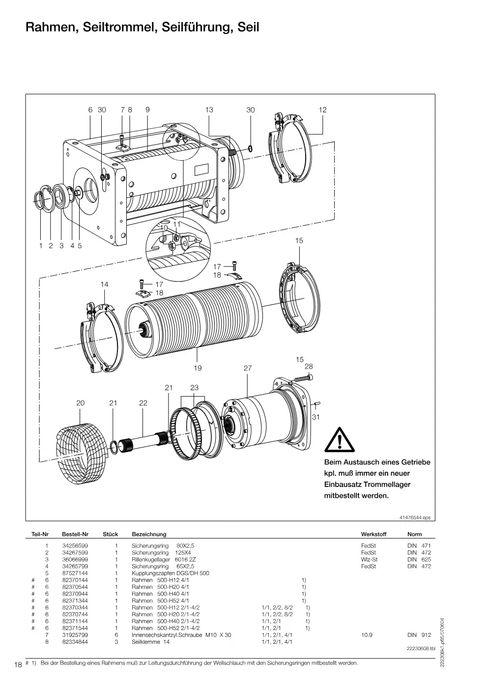Demag DH 500 – Rahmen, Seiltrommel, Seilführung, Seil, Zeichnung Seite 18