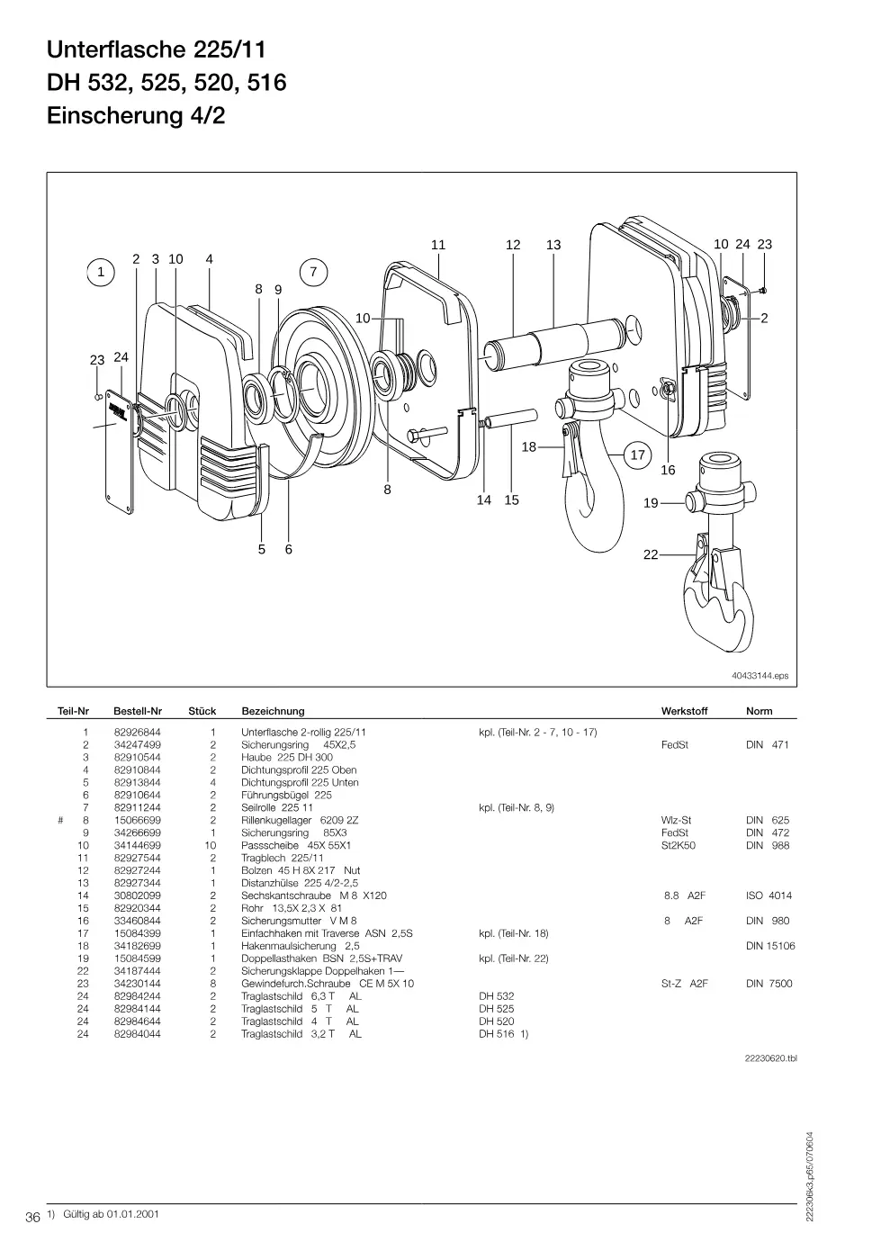 Demag DH 500 – Unterflasche 225/11 DH 532, 525, 520, 516, Zeichnung Seite 36