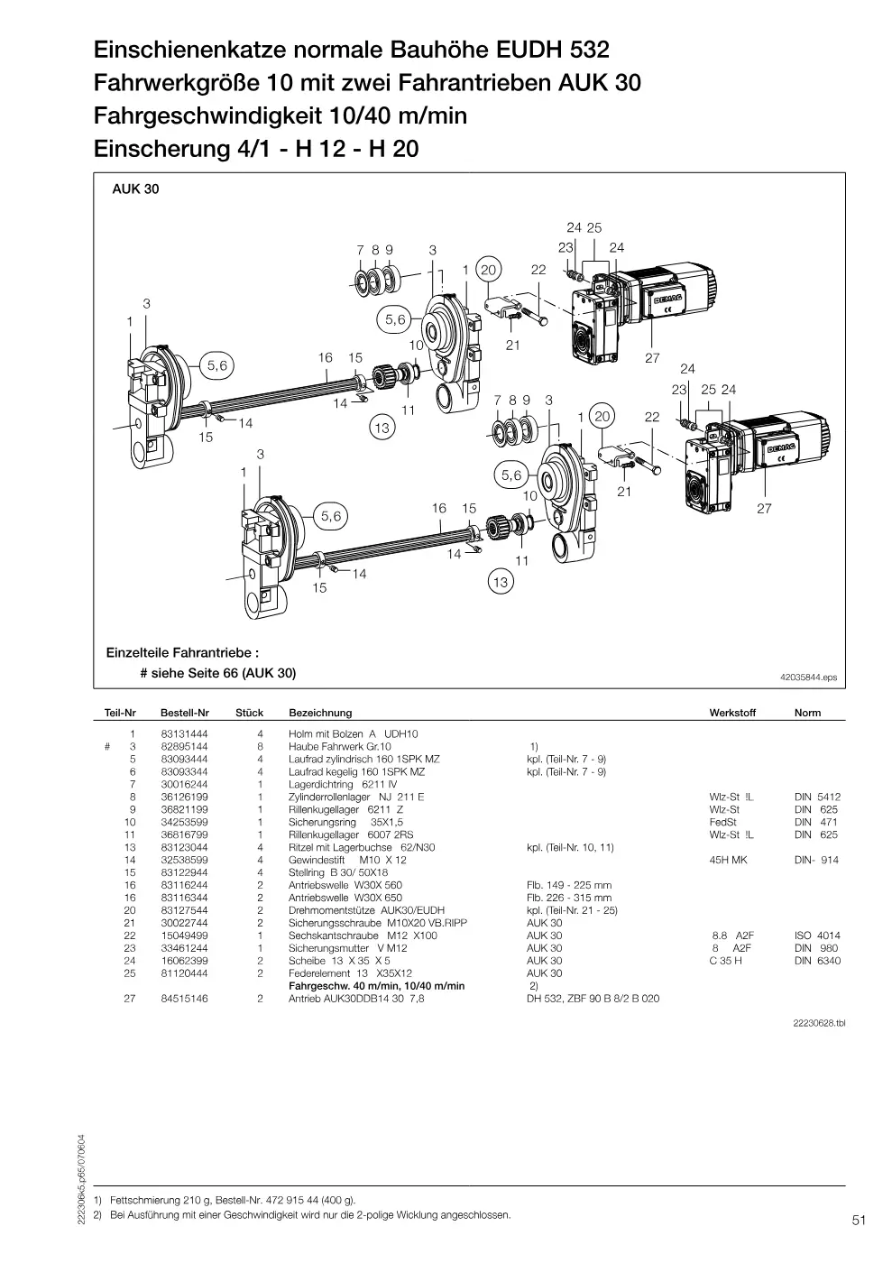 Demag DH 500 – Einschienenkatze normale Bauhöhe EUDH 532 Fahrwerkgröße 10 mit zwei Fahrantrieben AUK 30, Zeichnung Seite 51
