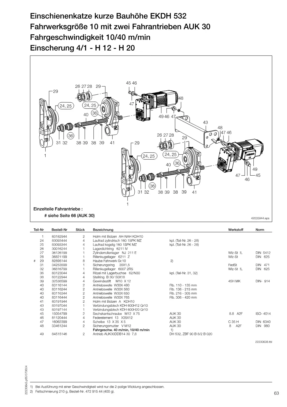 Demag DH 500 – Einschienenkatze kurze Bauhöhe EKDH 532 Fahrwerksgröße 10 mit zwei Fahrantrieben AUK 30, Zeichnung Seite 63
