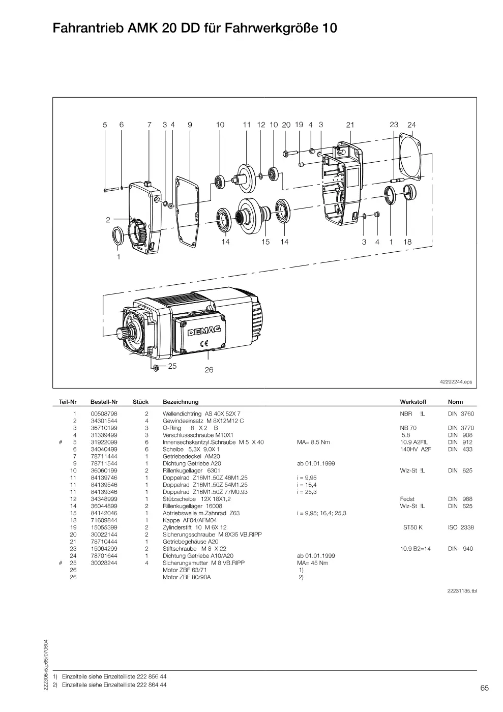 Demag DH 500 – Fahrantrieb AMK 20 DD für Fahrwerkgröße 10, Zeichnung Seite 65