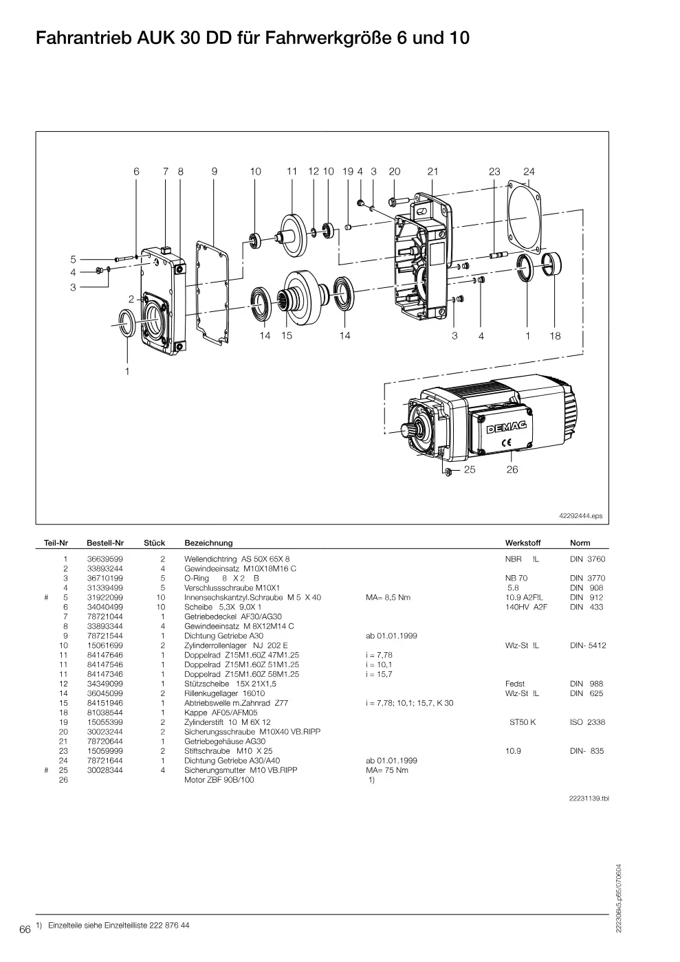 Demag DH 500 – Fahrantrieb AUK 30 DD für Fahrwerkgröße 6 und 10, Zeichnung Seite 66