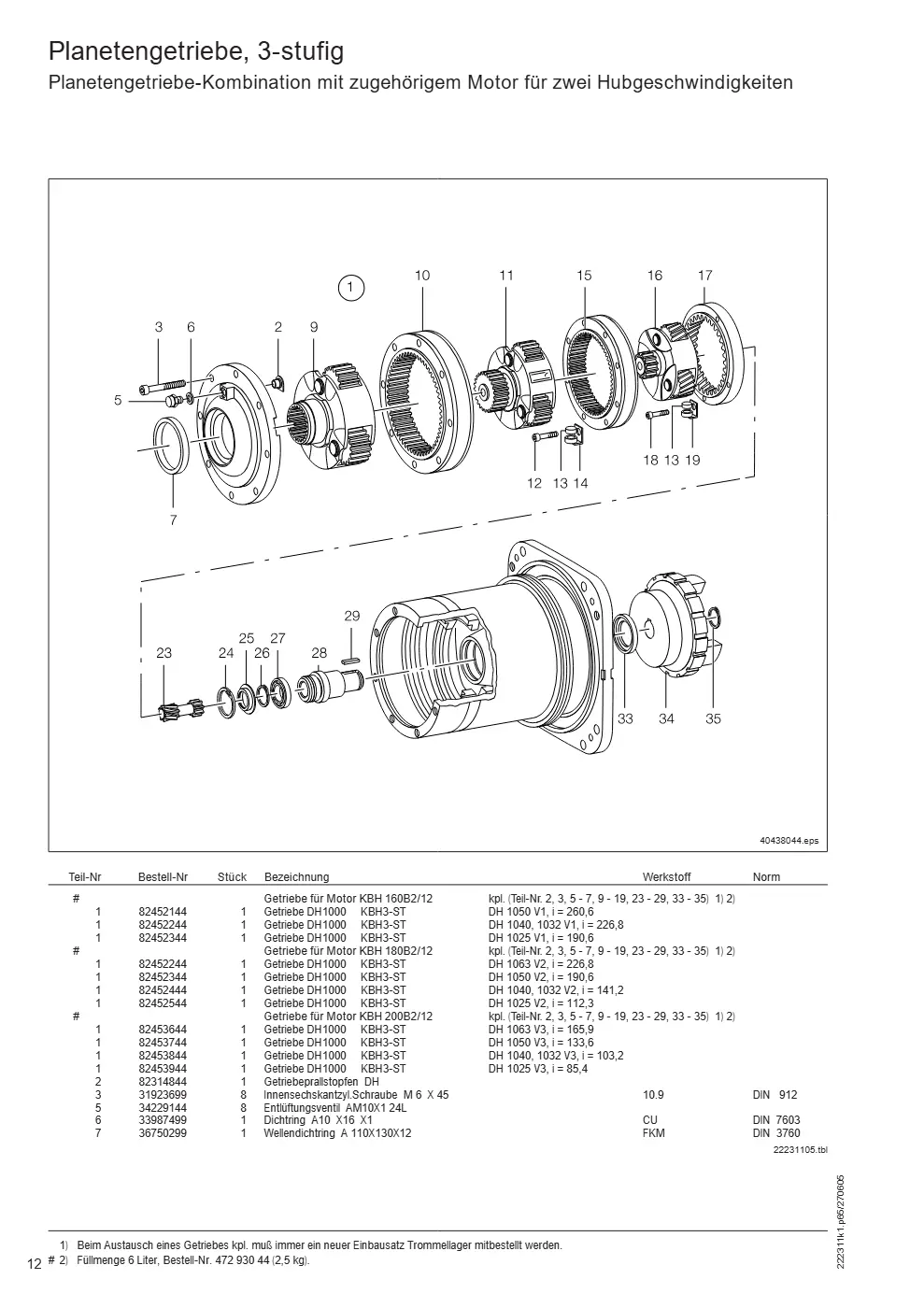Demag DH 1000 – Planetengetriebe, 3-stufig Planetengetriebe-Kombination mit zugehörigem Motor für zwei Hubgeschwindigkeiten, Zeichnung Seite 12