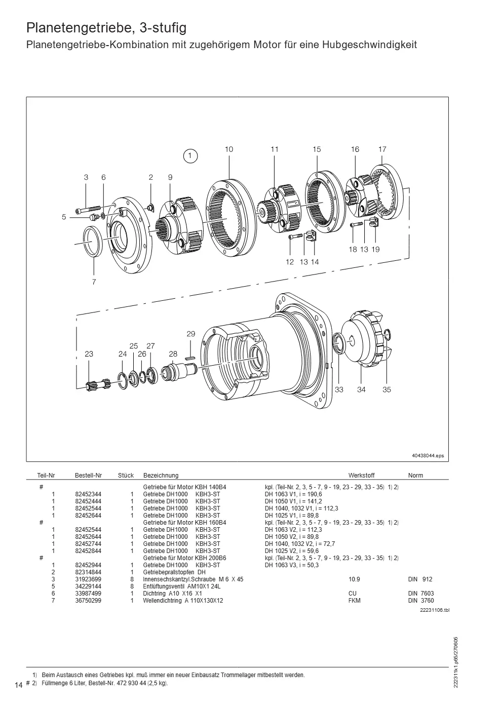 Demag DH 1000 – Planetengetriebe, 3-stufig Planetengetriebe-Kombination mit zugehörigem Motor für eine Hubgeschwindigkeit, Zeichnung Seite 14