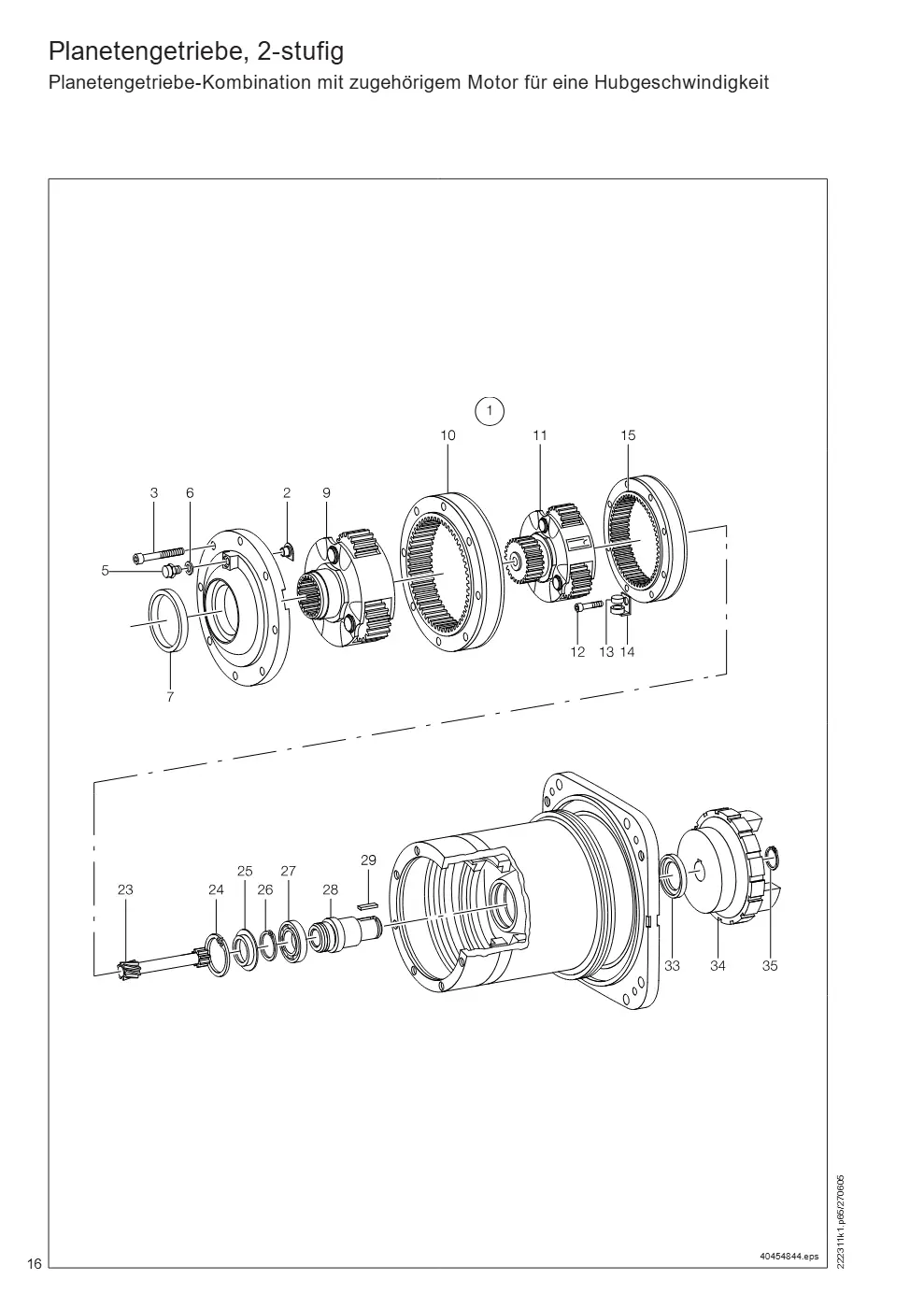 Demag DH 1000 – Planetengetriebe, 2-stufig Planetengetriebe-Kombination mit zugehörigem Motor für eine Hubgeschwindigkeit, Zeichnung Seite 16