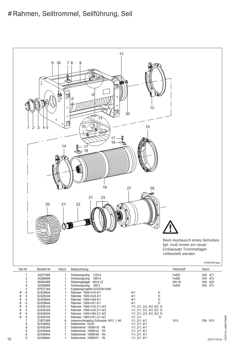 Demag DH 1000 – # Rahmen, Seiltrommel, Seilführung, Seil, Zeichnung Seite 18