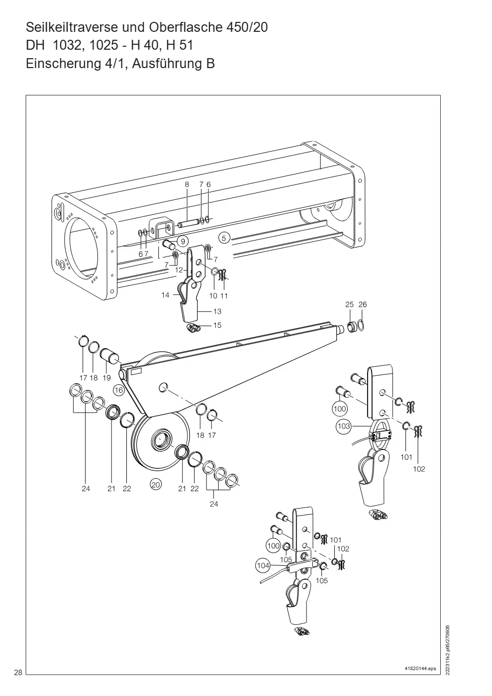 Demag DH 1000 – Seilkeiltraverse und Oberflasche 450/20 DH 1032, 1025 - H 40, H 51, Zeichnung Seite 28