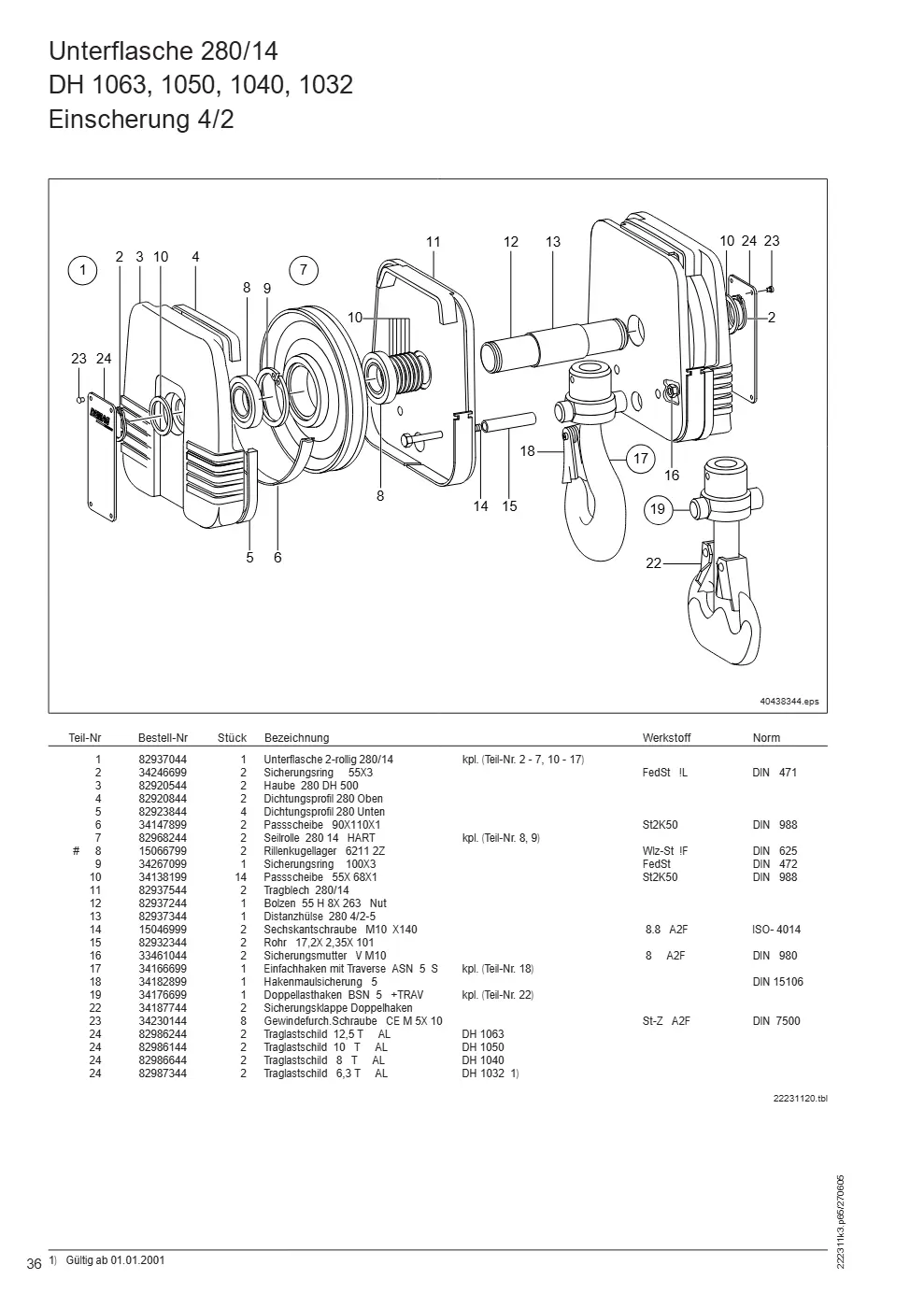 Demag DH 1000 – Unterflasche 280/14 DH 1063, 1050, 1040, 1032, Zeichnung Seite 36