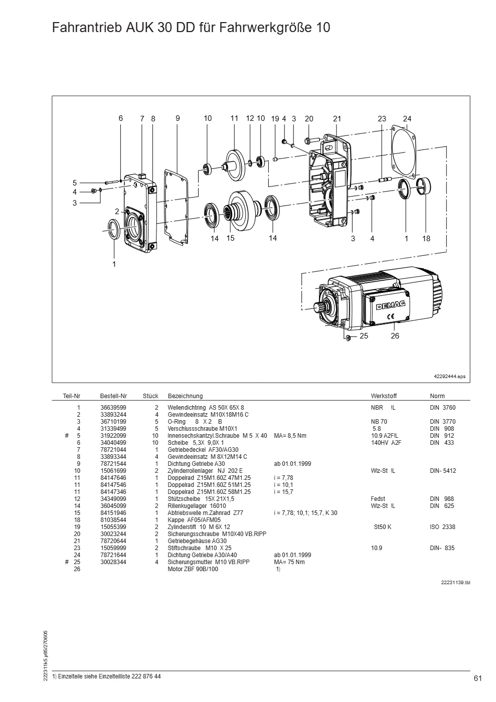 Demag DH 1000 – Fahrantrieb AUK 30 DD für Fahrwerkgröße 10, Zeichnung Seite 61