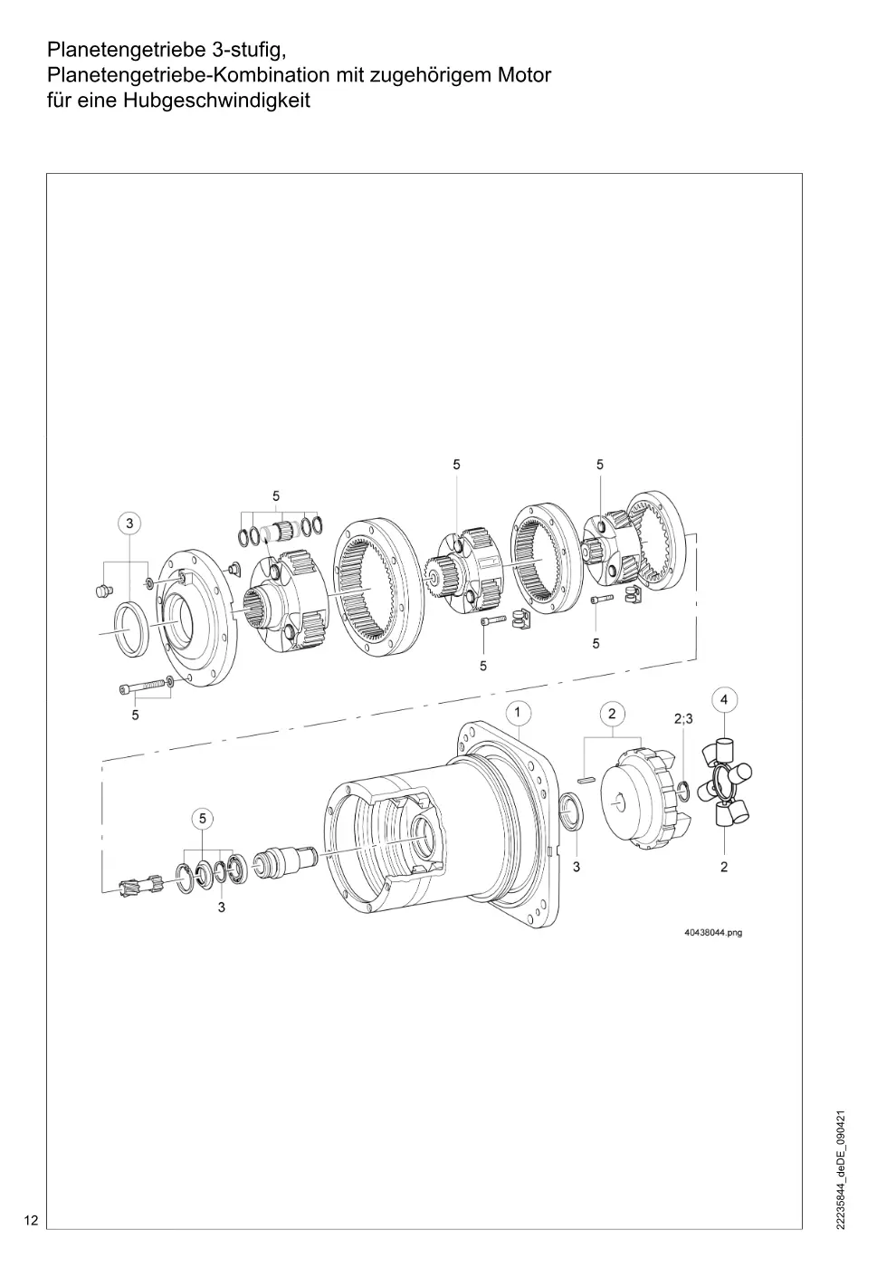 Demag DH 2000, Seil ø 28 – Planetengetriebe 3-stufig, Planetengetriebe-Kombination mit zugehörigem Motor für eine Hubgeschwindigkeit, Zeichnung Seite 12