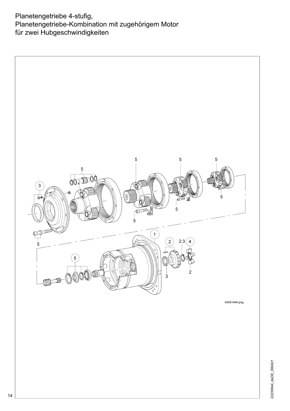 Demag DH 2000, Seil ø 28 – Planetengetriebe 4-stufig, Planetengetriebe-Kombination mit zugehörigem Motor für zwei Hubgeschwindigkeiten, Zeichnung Seite 14