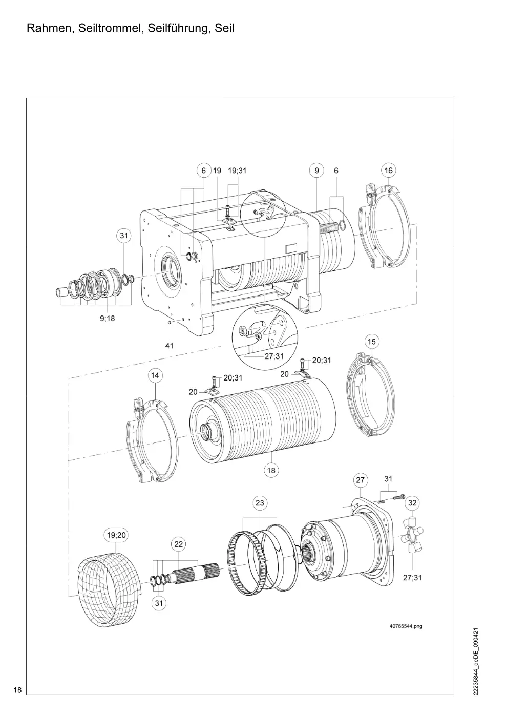 Demag DH 2000, Seil ø 28 – Rahmen, Seiltrommel, Seilführung, Seil, Zeichnung Seite 18