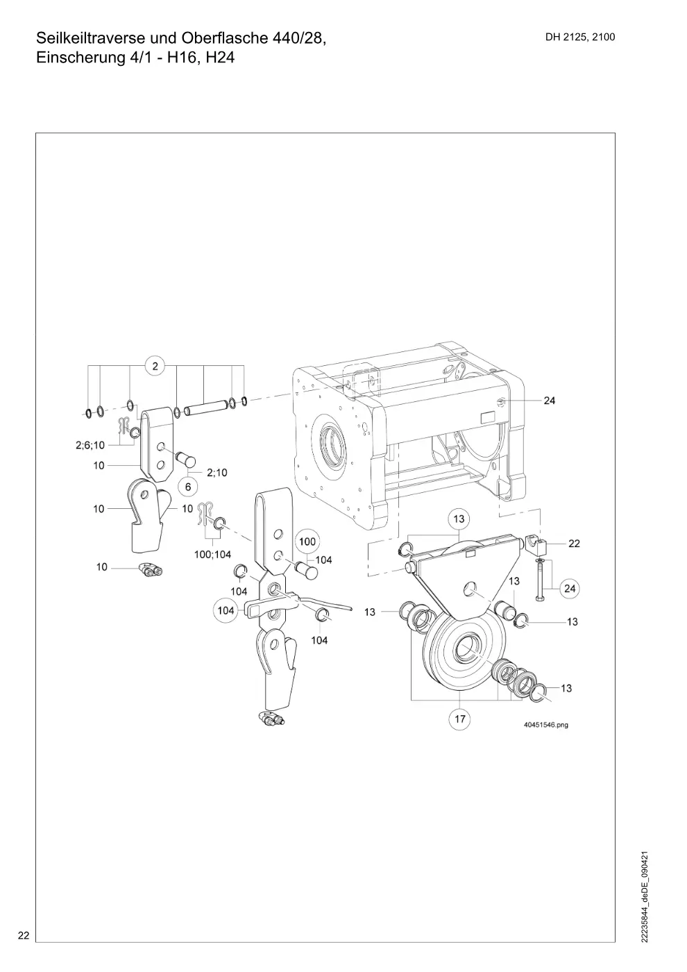 Demag DH 2000, Seil ø 28 – Seilkeiltraverse und Oberflasche 440/28, Einscherung 4/1 - H16, H24, Zeichnung Seite 22
