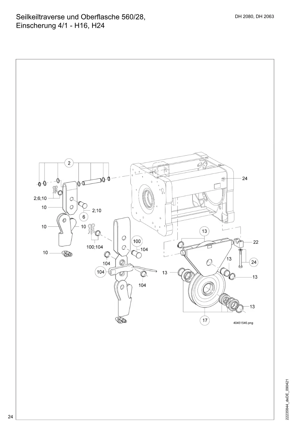Demag DH 2000, Seil ø 28 – Seilkeiltraverse und Oberflasche 560/28, Einscherung 4/1 - H16, H24, Zeichnung Seite 24