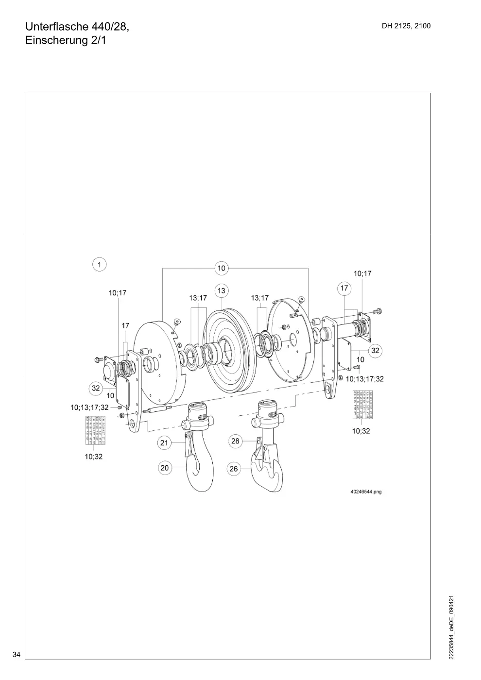 Demag DH 2000, Seil ø 28 – Unterflasche 440/28, Einscherung 2/1, Zeichnung Seite 34