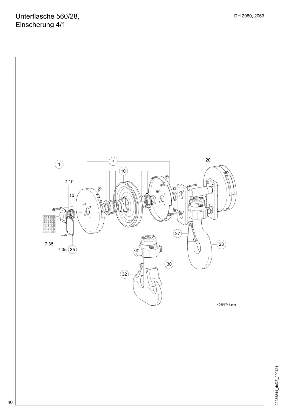 Demag DH 2000, Seil ø 28 – Unterflasche 560/28, Einscherung 4/1, Zeichnung Seite 40