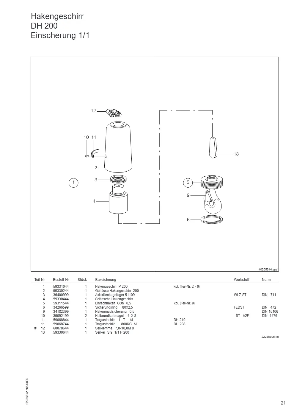 Demag DH 200 – Hakengeschirr DH 200 Einscherung 1/1, Zeichnung Seite 21