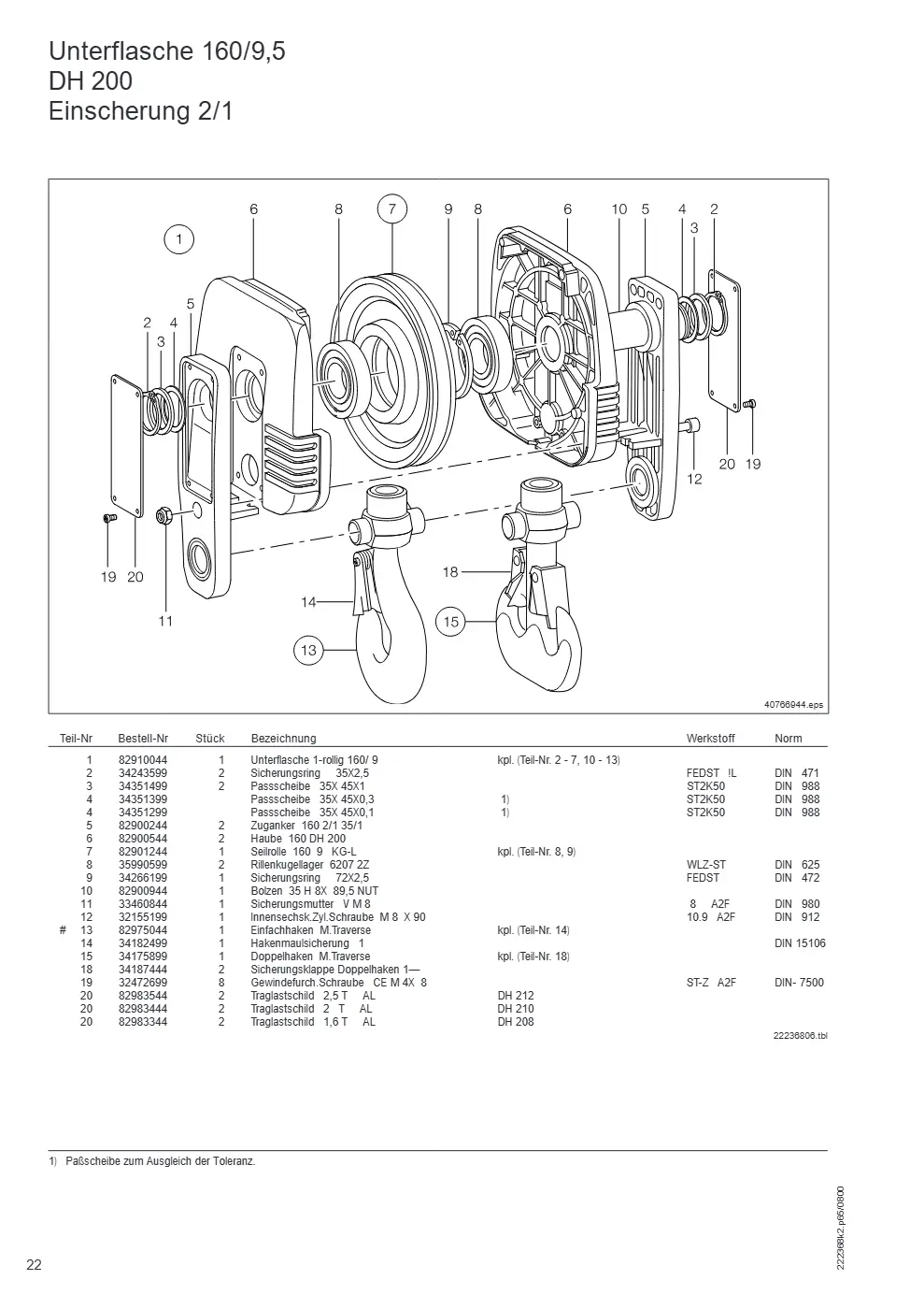 Demag DH 200 – Unterflasche 160/9,5 DH 200 Einscherung 2/1, Zeichnung Seite 22