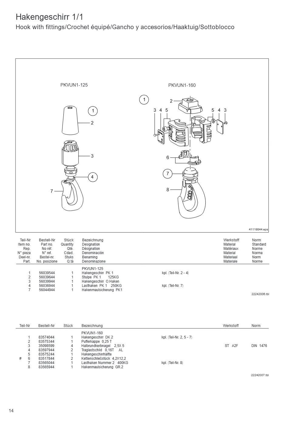 Demag PKVUN 1-125, PKVUN 1-160 – Hakengeschirr 1/1 Hook with fittings/Crochet équipé/Gancho y accesorios/Haaktuig/Sottoblocco, Zeichnung Seite 14