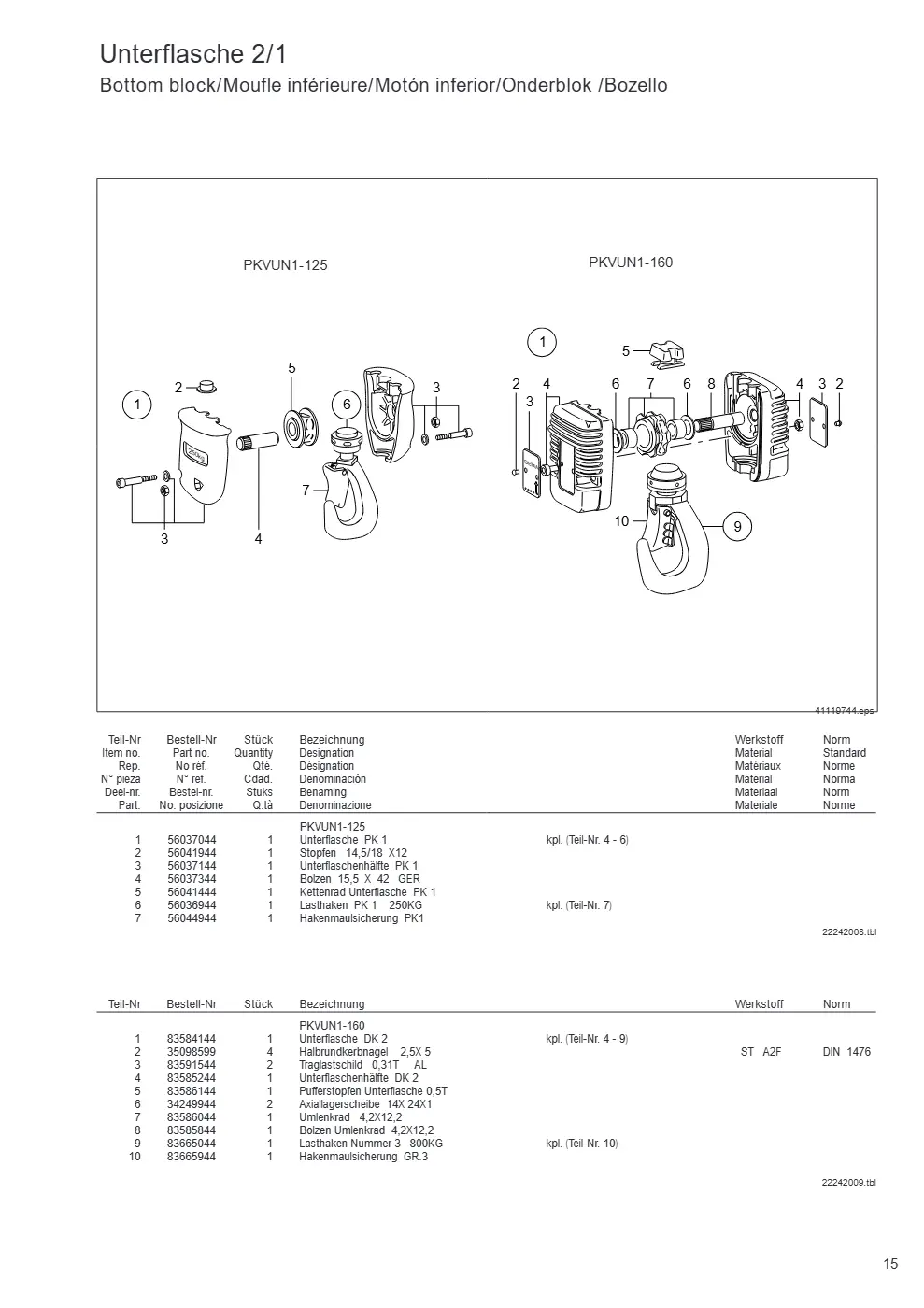 Demag PKVUN 1-125, PKVUN 1-160 – Unterflasche 2/1 Bottom block/Moufle inférieure/Motón inferior/Onderblok /Bozello, Zeichnung Seite 15