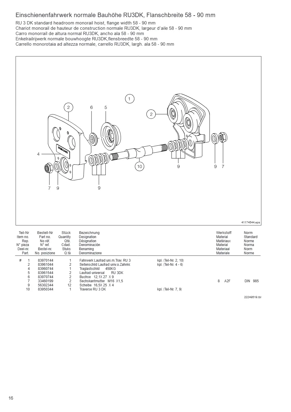 Demag PKVUN 1-125, PKVUN 1-160 – Einschienenfahrwerk normale Bauhöhe RU3DK, Flanschbreite 58 - 90 mm RU 3 DK standard headroom monorail hoist, flange width 58 - 90 mm Chario, Zeichnung Seite 16