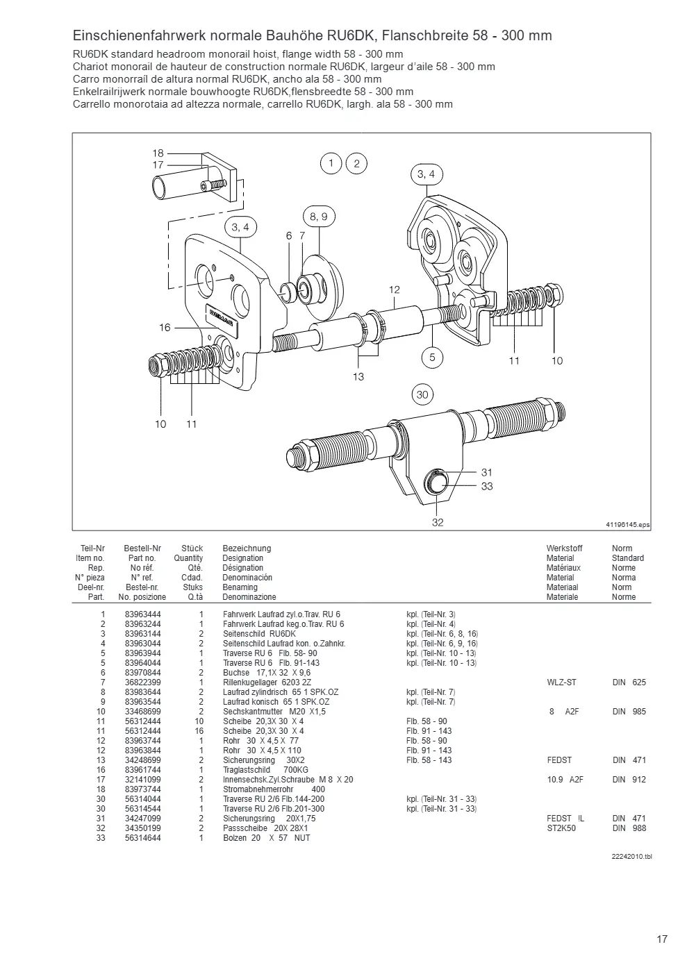 Demag PKVUN 1-125, PKVUN 1-160 – Einschienenfahrwerk normale Bauhöhe RU6DK, Flanschbreite 58 - 300 mm RU6DK standard headroom monorail hoist, flange width 58 - 300 mm Chario, Zeichnung Seite 17