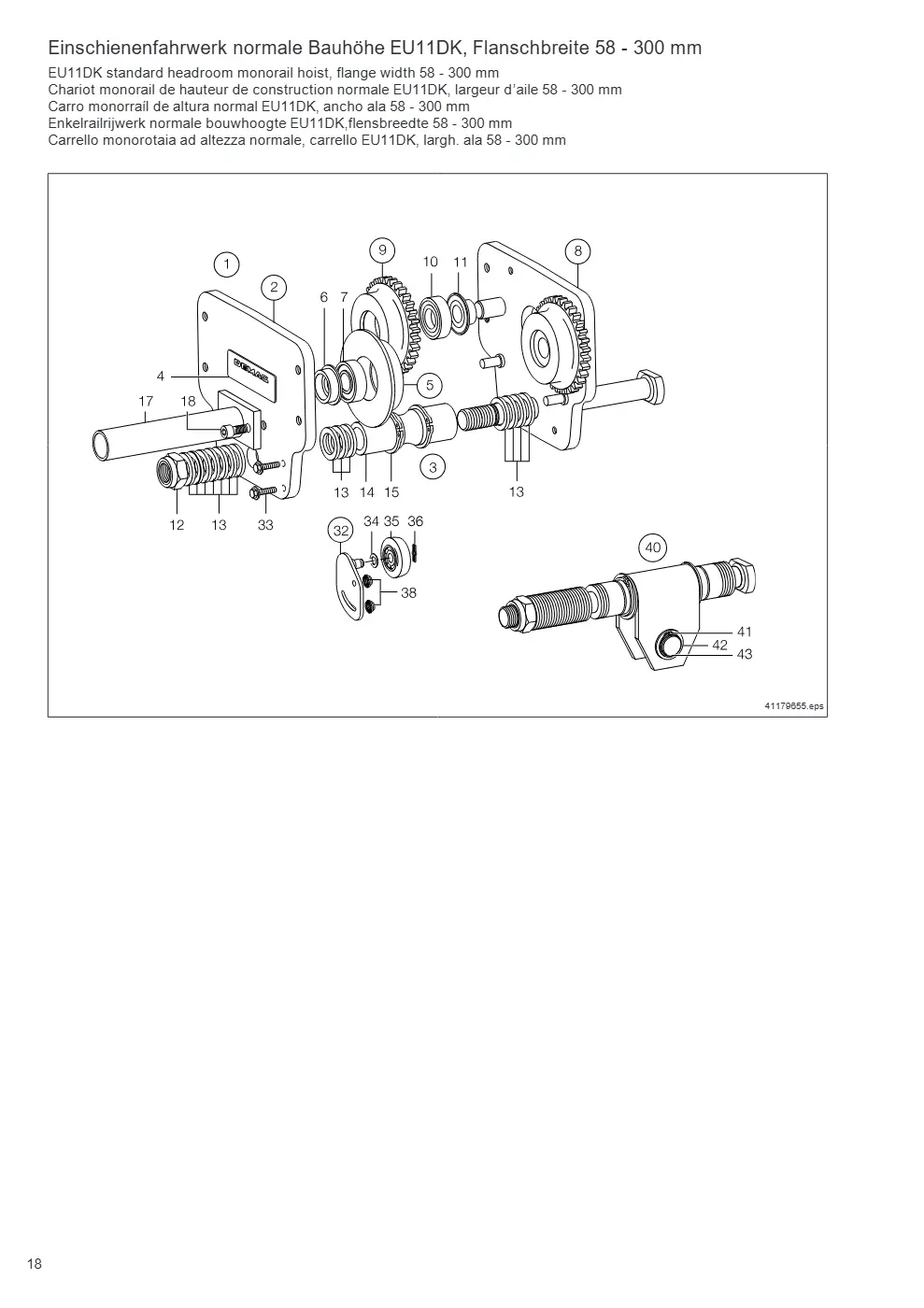 Demag PKVUN 1-125, PKVUN 1-160 – Einschienenfahrwerk normale Bauhöhe EU11DK, Flanschbreite 58 - 300 mm EU11DK standard headroom monorail hoist, flange width 58 - 300 mm Char, Zeichnung Seite 18
