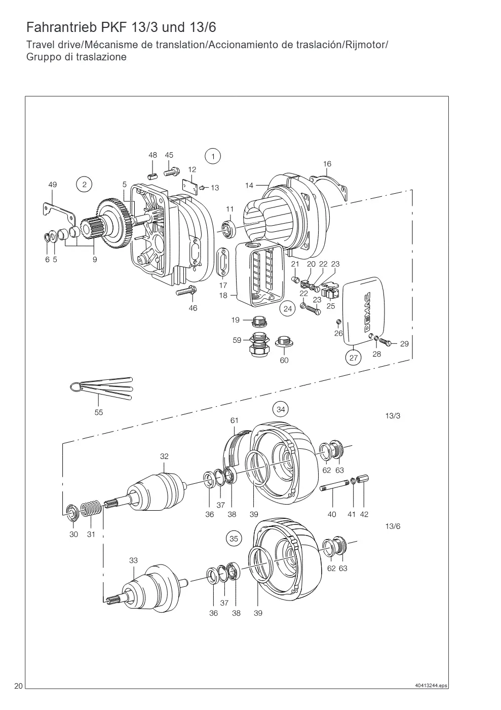 Demag PKVUN 1-125, PKVUN 1-160 – Fahrantrieb PKF 13/3 und 13/6 Travel drive/Mécanisme de translation/Accionamiento de traslación/Rijmotor/ Gruppo di traslazione, Zeichnung Seite 20
