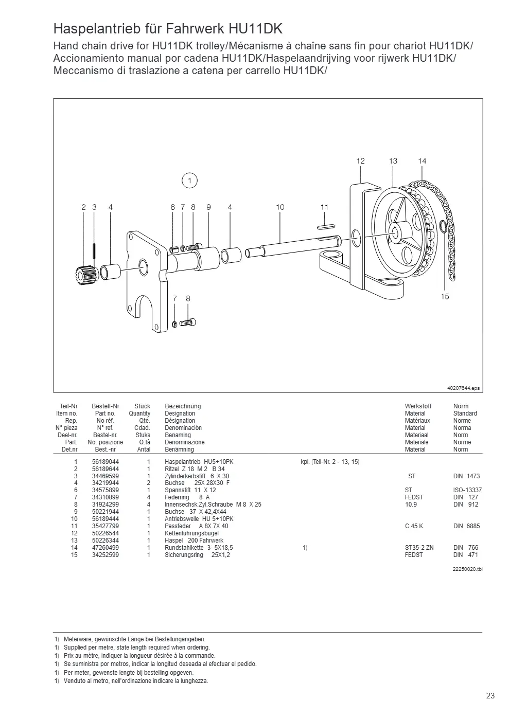Demag PKVUN 1-125, PKVUN 1-160 – Haspelantrieb für Fahrwerk HU11DK Hand chain drive for HU11DK trolley/Mécanisme à chaîne sans fin pour chariot HU11DK/ Accionamiento manual , Zeichnung Seite 23