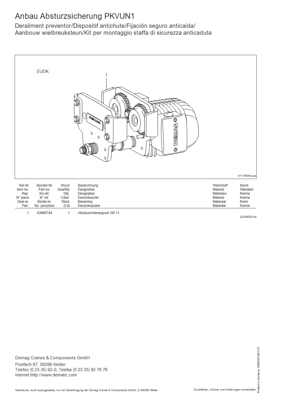 Demag PKVUN 1-125, PKVUN 1-160 – Anbau Absturzsicherung PKVUN1 Derailment preventor/Dispositif antichute/Fijación seguro anticaída/ Aanbouw wielbreuksteun/Kit per montaggio , Zeichnung Seite 24