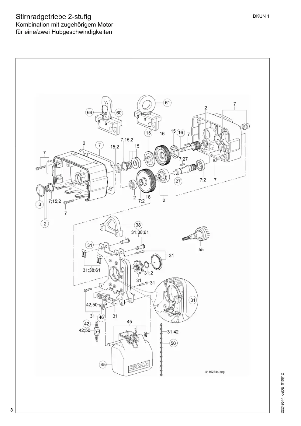 Demag DKUN 1 – Stirnradgetriebe 2-stufig Kombination mit zugehörigem Motor für eine/zwei Hubgeschwindigkeiten, Zeichnung Seite 8