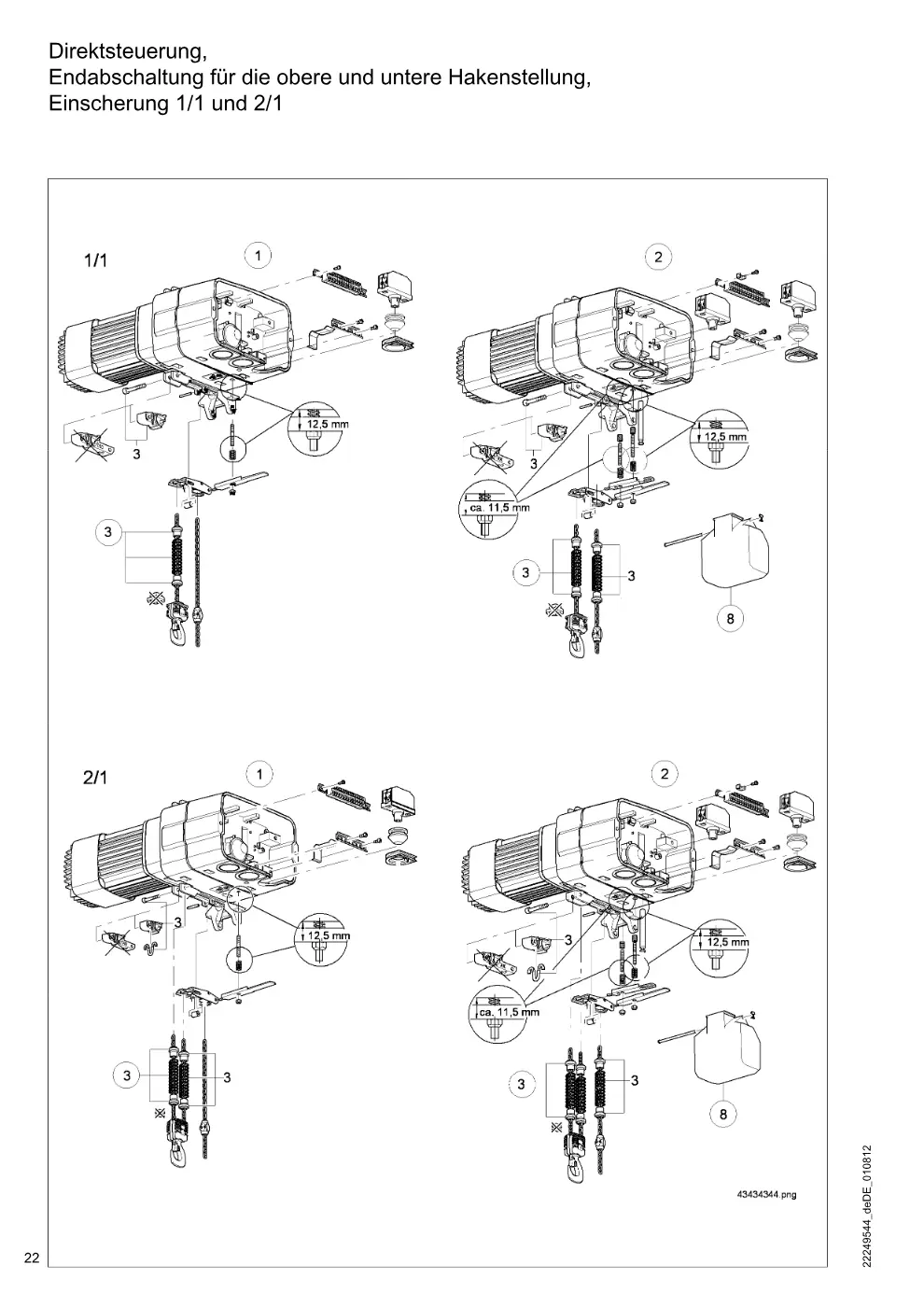 Demag DKUN 1 – Direktsteuerung, Endabschaltung für die obere und untere Hakenstellung, Einscherung 1/1 und 2/1, Zeichnung Seite 22