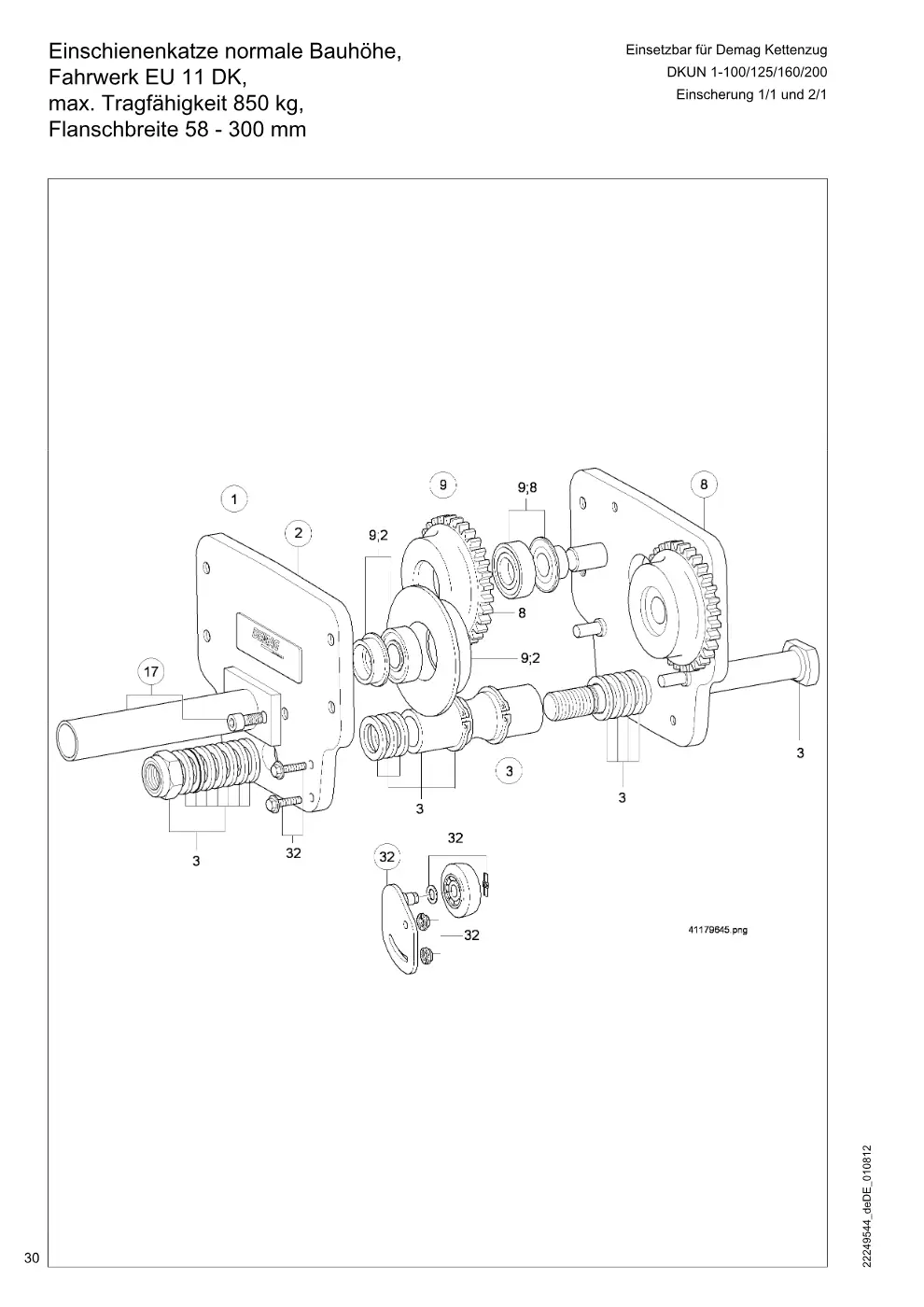 Demag DKUN 1 – Einschienenkatze normale Bauhöhe, Einsetzbar für Demag Kettenzug Fahrwerk EU 11 DK, max. Tragfähigkeit 850 kg,, Zeichnung Seite 30