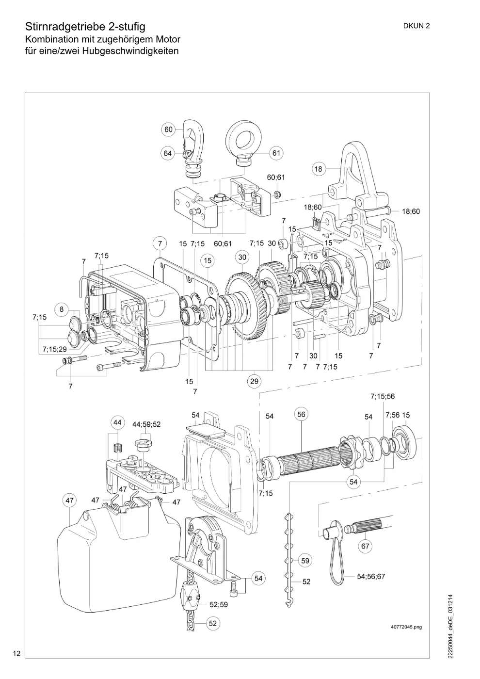 Demag DKUN 2 – Stirnradgetriebe 2-stufig Kombination mit zugehörigem Motor für eine/zwei Hubgeschwindigkeiten, Zeichnung Seite 12