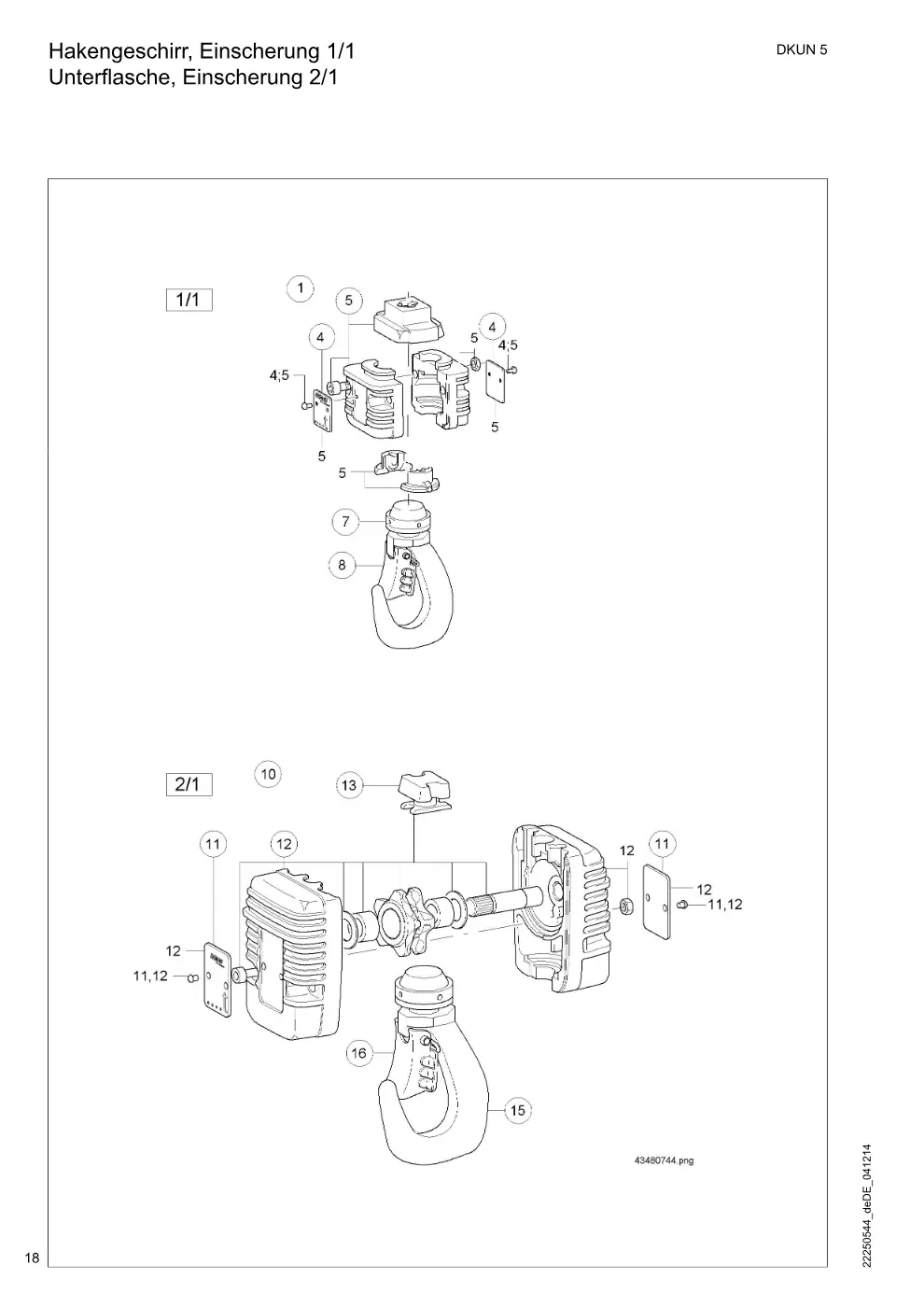 Demag DKUN 5 – Hakengeschirr, Einscherung 1/1 Unterflasche, Einscherung 2/1, Zeichnung Seite 18