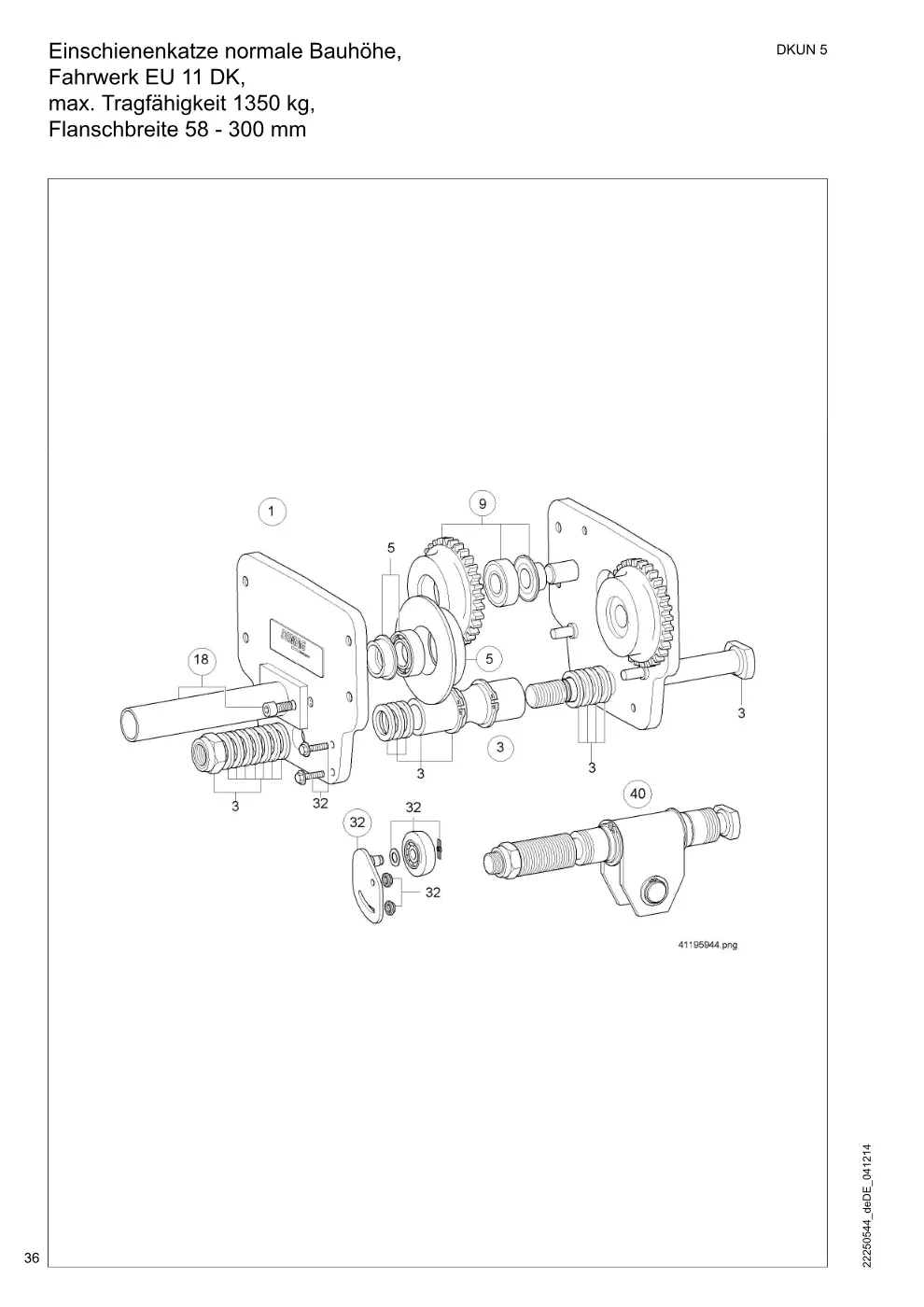 Demag DKUN 5 – Einschienenkatze normale Bauhöhe, Fahrwerk EU 11 DK, max. Tragfähigkeit 1350 kg,, Zeichnung Seite 36