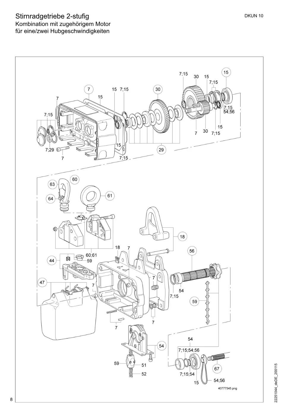 Demag DKUN 10 – Stirnradgetriebe 2-stufig Kombination mit zugehörigem Motor für eine/zwei Hubgeschwindigkeiten, Zeichnung Seite 8
