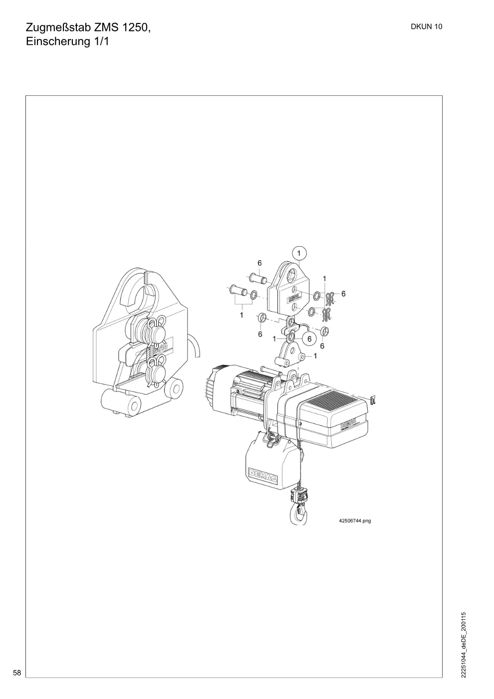 Demag DKUN 10 – Zugmeßstab ZMS 1250, Einscherung 1/1, Zeichnung Seite 58