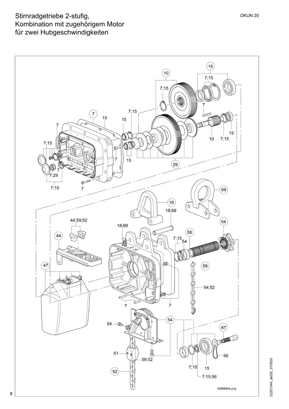 Demag DKUN 20 – Stirnradgetriebe 2-stufig, Kombination mit zugehörigem Motor für zwei Hubgeschwindigkeiten, Zeichnung Seite 8