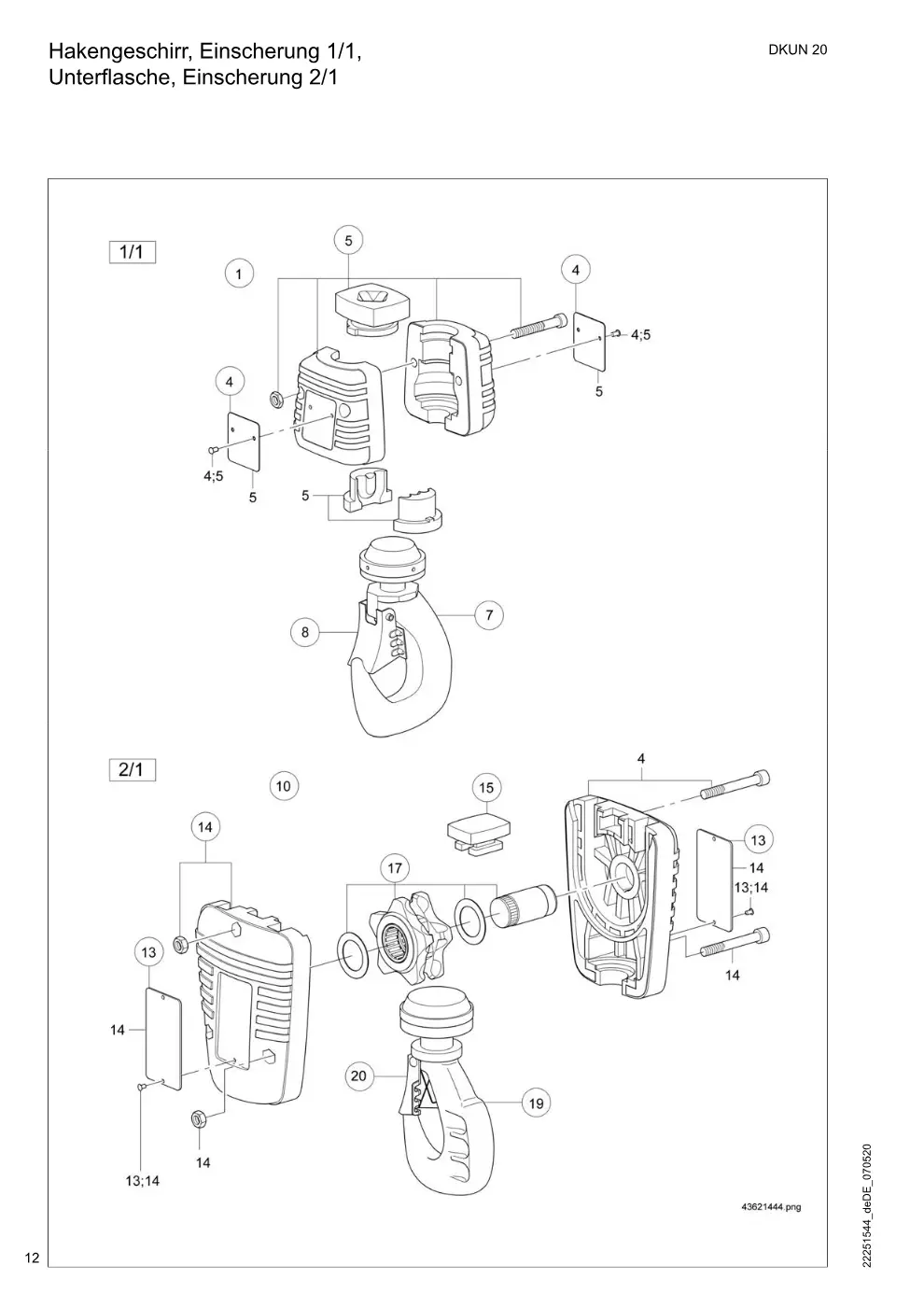 Demag DKUN 20 – Hakengeschirr, Einscherung 1/1, Unterflasche, Einscherung 2/1, Zeichnung Seite 12