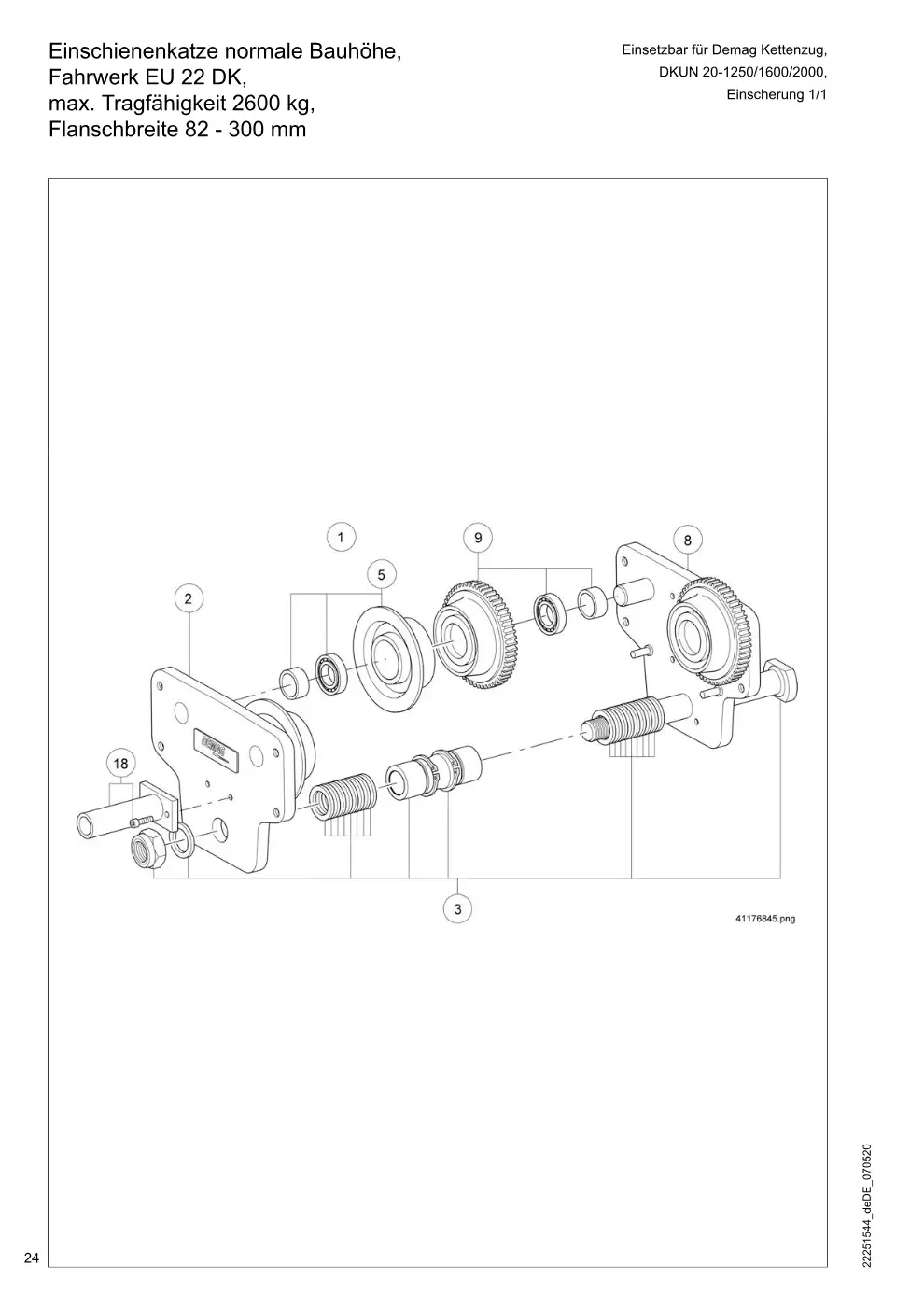 Demag DKUN 20 – Einschienenkatze normale Bauhöhe, Einsetzbar für Demag Kettenzug, Fahrwerk EU 22 DK, DKUN 20-1250/1600/2000, max. Tragfähigkeit 2600 kg,, Zeichnung Seite 24